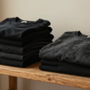 Pile de vêtements noirs bien profonds à côté d'un tee-shirt grisé, vinaigre blanc et brosse à vêtements posés à côté