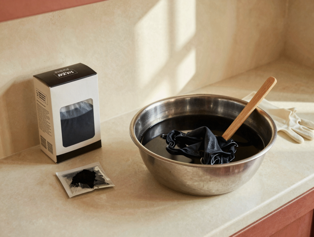 Bain de teinture noire dans une bassine avec kit de teinture, gants et bâton pour raviver un vêtement en coton