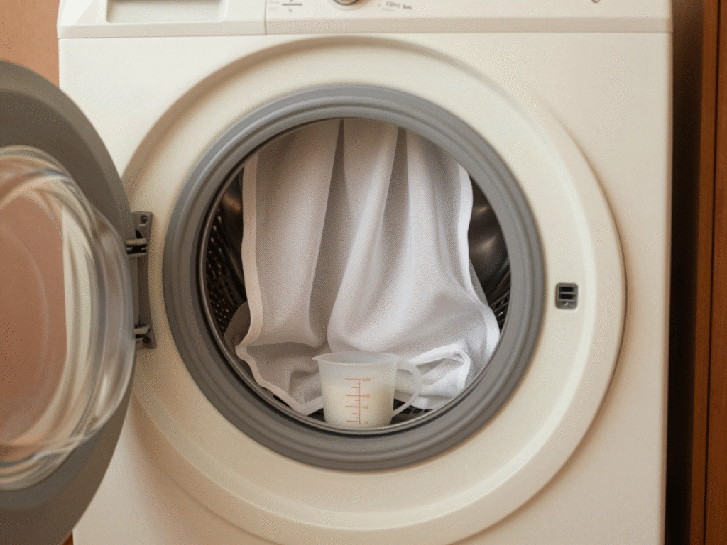 Voilages pliés dans un filet de lavage, prêts pour un cycle délicat à 30 °C