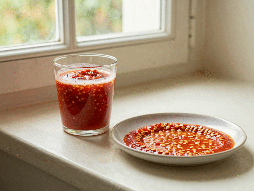 Verre de jus de tomate en fermentation et assiette de graines rincées mises à sécher