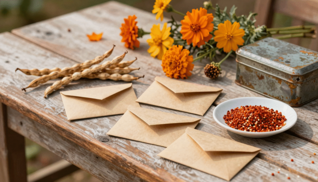 Table de jardin avec enveloppes kraft, gousses de haricots secs, graines de tomate et têtes de fleurs séchées
