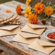 Table de jardin avec enveloppes kraft, gousses de haricots secs, graines de tomate et têtes de fleurs séchées