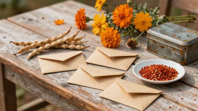 Table de jardin avec enveloppes kraft, gousses de haricots secs, graines de tomate et têtes de fleurs séchées