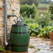 Récupérateur d'eau de pluie raccordé à la gouttière, arrosoir sous le robinet