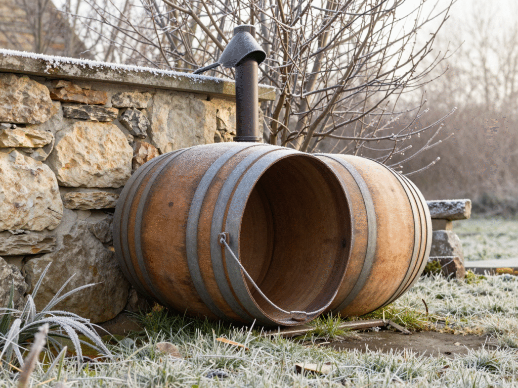Cuve vidée et retournée pour l'hiver, collecteur fermé avant les gelées