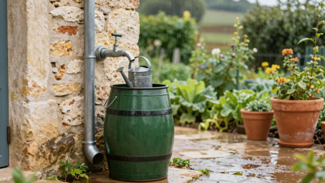 Récupérateur d'eau de pluie raccordé à la gouttière, arrosoir sous le robinet