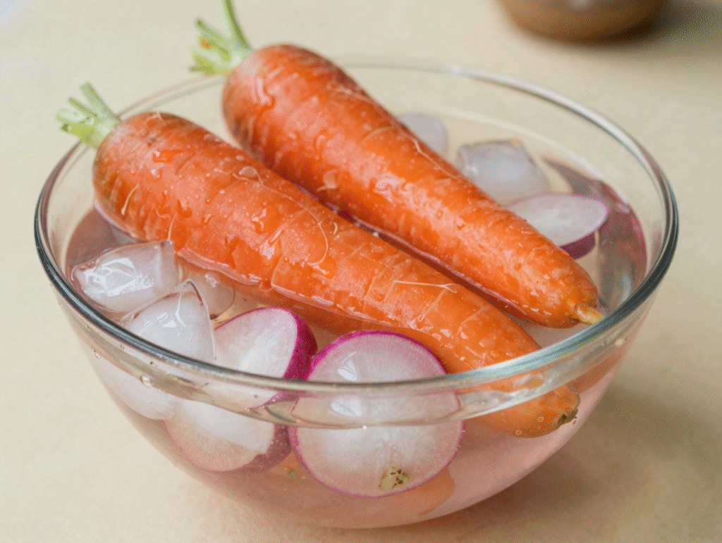 Carottes et radis ramollis immergés dans un bol d'eau glacée avec des glaçons