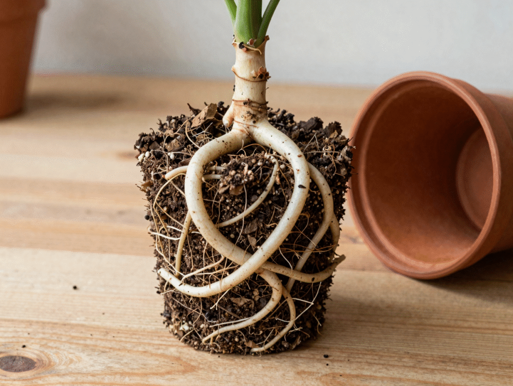 Motte de plante d'intérieur aux racines enroulées en spirale, signe qu'un rempotage est nécessaire