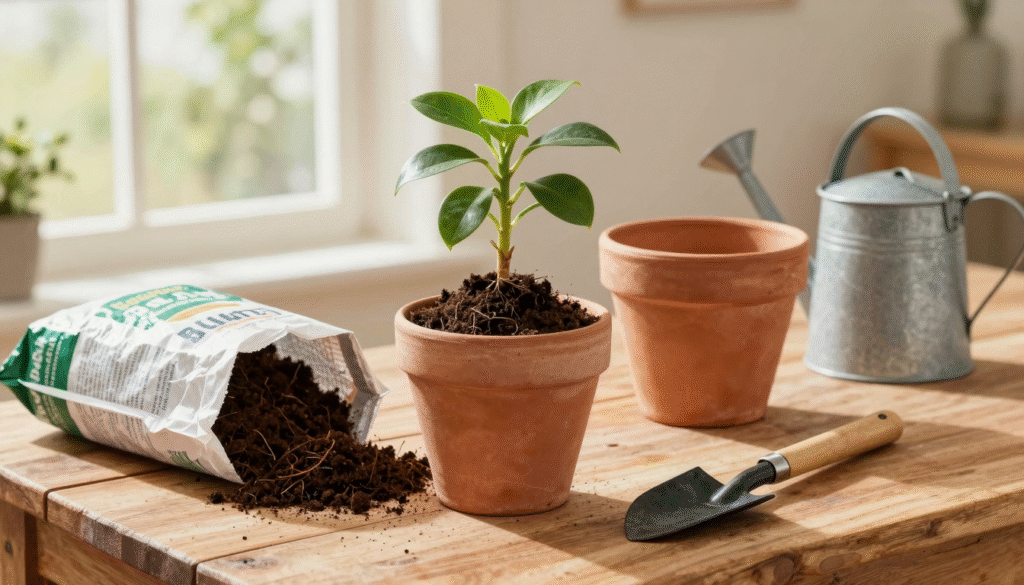 Plante d'intérieur dépotée avec sa motte, terreau frais et pot en terre cuite légèrement plus grand sur une table en bois