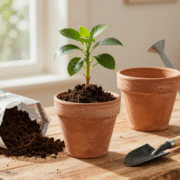 Plante d'intérieur dépotée avec sa motte, terreau frais et pot en terre cuite légèrement plus grand sur une table en bois