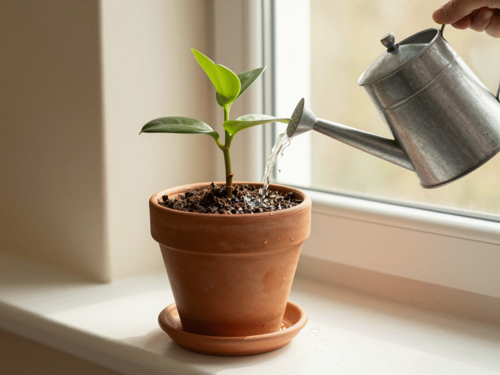 Plante fraîchement rempotée dans son pot en terre cuite, arrosée généreusement à l'arrosoir