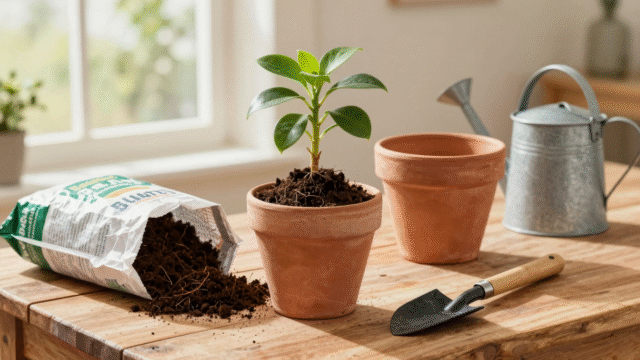 Plante d'intérieur dépotée avec sa motte, terreau frais et pot en terre cuite légèrement plus grand sur une table en bois