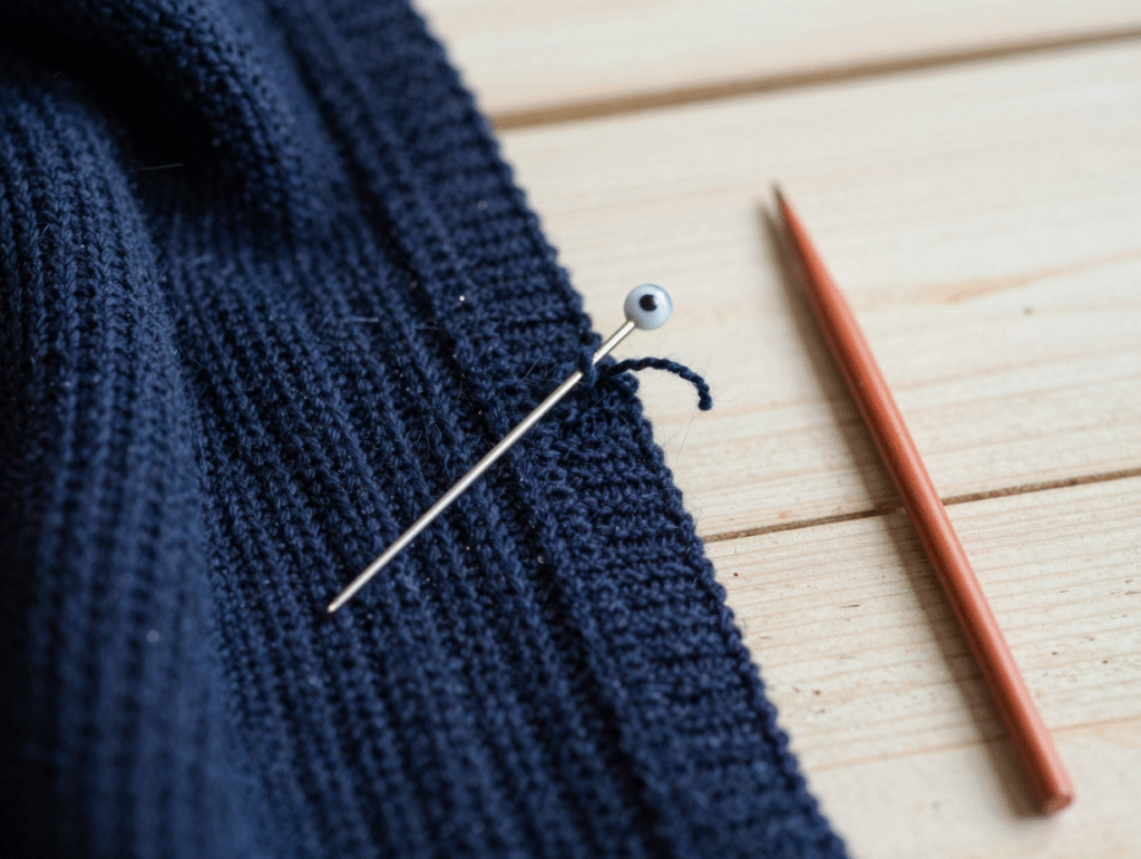 Gros plan sur un accroc de pull en laine marine, boucle de fil tirée, aiguille à laine et crochet posés à côté