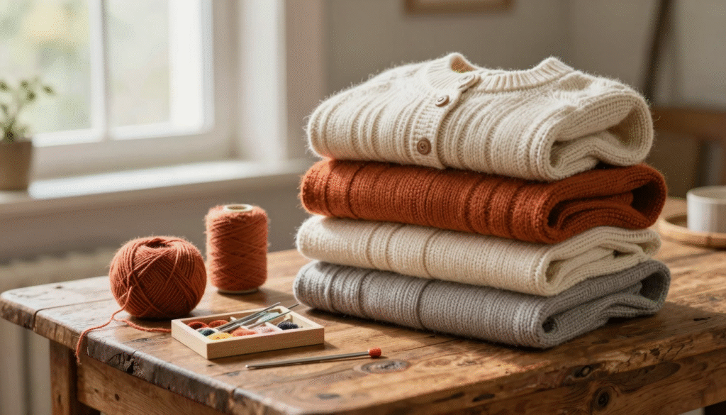 Pile de pulls en laine aux couleurs d'automne avec un petit nécessaire de réparation, crochet et aiguilles à laine