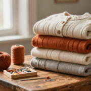 Pile de pulls en laine aux couleurs d'automne avec un petit nécessaire de réparation, crochet et aiguilles à laine