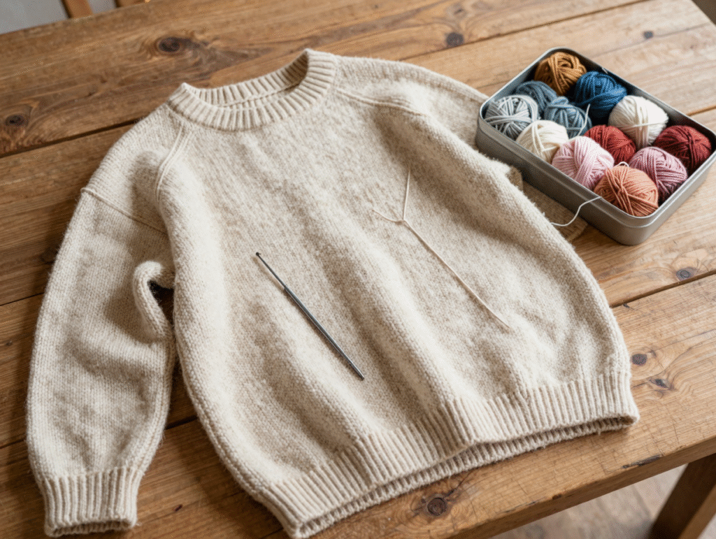 Pull retourné sur l'envers avec un crochet fin et une boîte en fer remplie de petites échevettes de fil