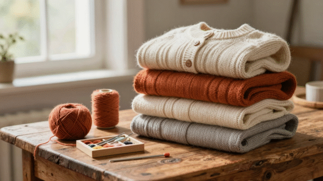 Pile de pulls en laine aux couleurs d'automne avec un petit nécessaire de réparation, crochet et aiguilles à laine