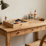Établi en bois avec boîte à couture, tournevis, colle à bois et lampe ancienne en cours de réparation