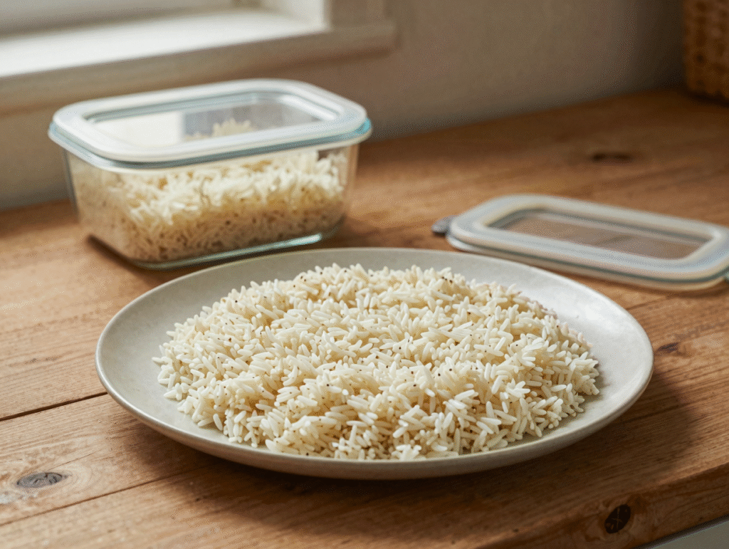 Riz cuit étalé en couche fine sur un grand plat pour refroidir, boîte en verre posée à côté
