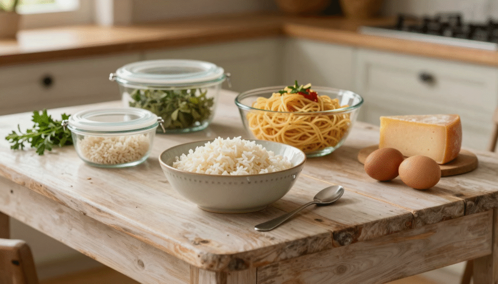 Bols de riz cuit et de pâtes de la veille sur une table en bois, avec boîtes en verre, œufs et fromage