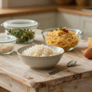 Bols de riz cuit et de pâtes de la veille sur une table en bois, avec boîtes en verre, œufs et fromage