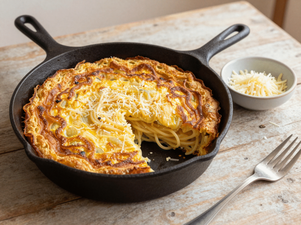 Frittata de pâtes dorée dans une poêle en fonte, une part coupée laissant voir les spaghettis
