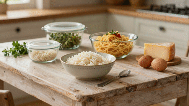 Bols de riz cuit et de pâtes de la veille sur une table en bois, avec boîtes en verre, œufs et fromage