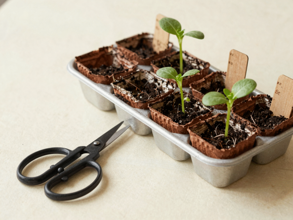 Petits ciseaux posés près de godets éclaircis, un plant par pot et étiquettes en bois