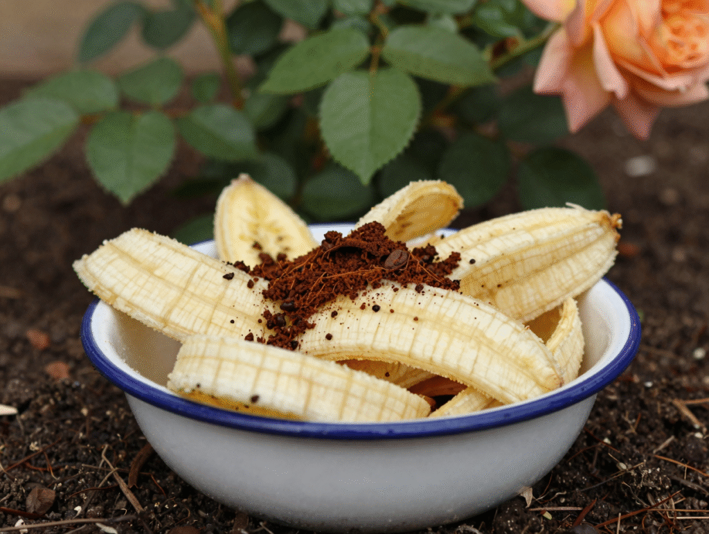 Morceaux de peau de banane et marc de café dans un bol émaillé au pied d'un rosier