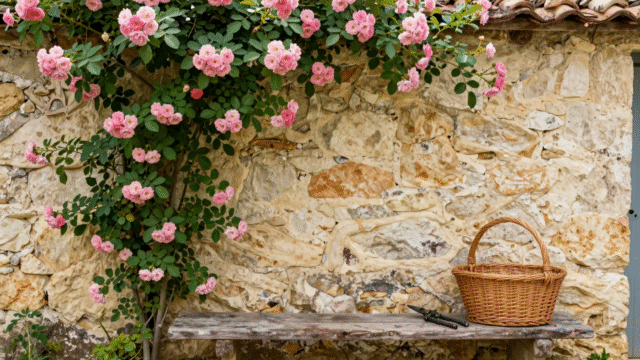 Rosier grimpant couvert de roses roses sur un mur de pierre, sécateur ancien posé sur un banc en bois