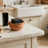 Pot de savon noir mou et flacon de savon noir liquide sur un plan de travail rustique avec brosse en bois et seau en zinc