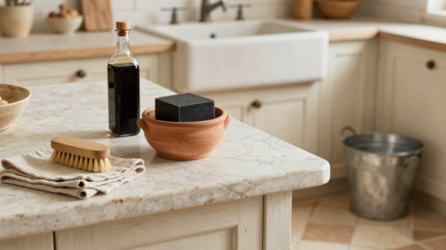 Pot de savon noir mou et flacon de savon noir liquide sur un plan de travail rustique avec brosse en bois et seau en zinc