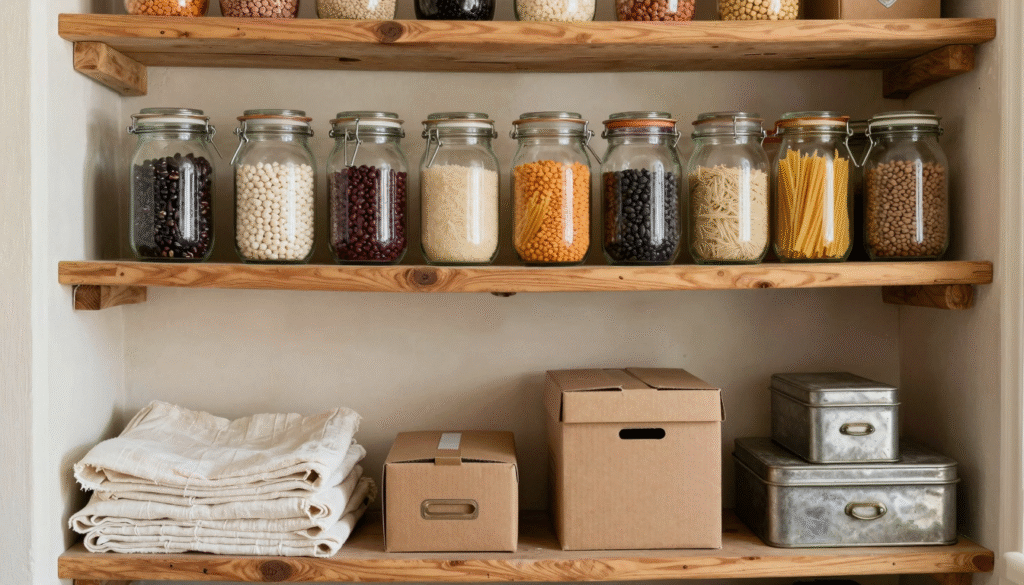 Étagères de garde-manger garnies de bocaux réutilisés remplis de riz et de légumes secs, draps pliés et boîtes en métal anciennes