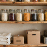 Étagères de garde-manger garnies de bocaux réutilisés remplis de riz et de légumes secs, draps pliés et boîtes en métal anciennes