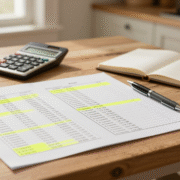 Relevé bancaire papier annoté au surligneur, avec calculatrice et carnet de comptes