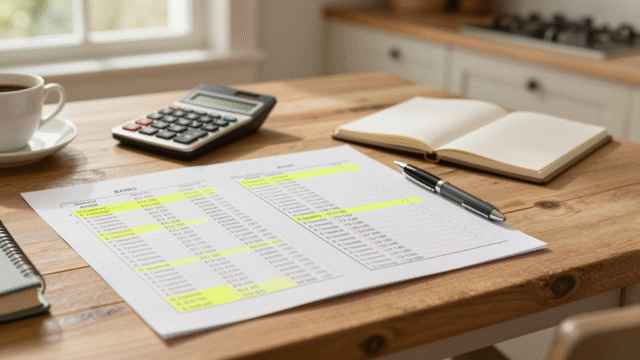 Relevé bancaire papier annoté au surligneur, avec calculatrice et carnet de comptes