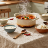Cocotte de plat mijoté épicé entourée de bols de crème, de yaourt et de riz sur une table de cuisine rustique
