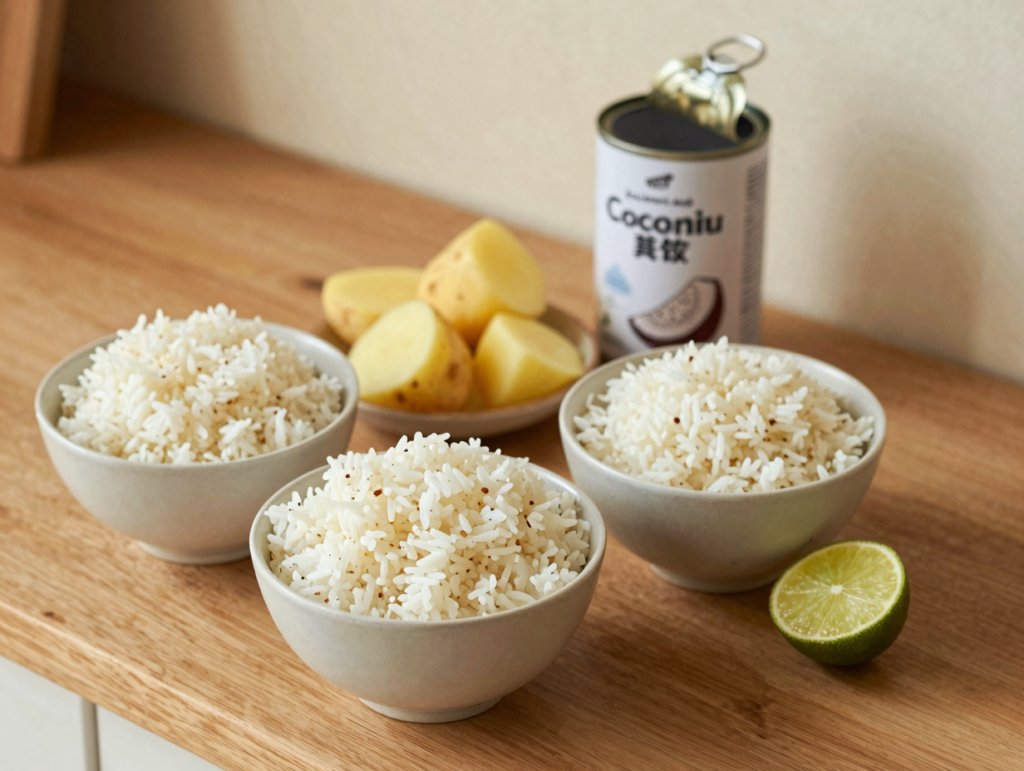 Riz cuit, pommes de terre en morceaux, citron vert et lait de coco réunis sur un plan de travail