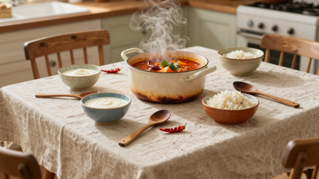 Cocotte de plat mijoté épicé entourée de bols de crème, de yaourt et de riz sur une table de cuisine rustique