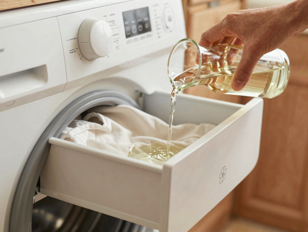 Vinaigre blanc versé dans le compartiment adoucissant du bac d'une machine à laver
