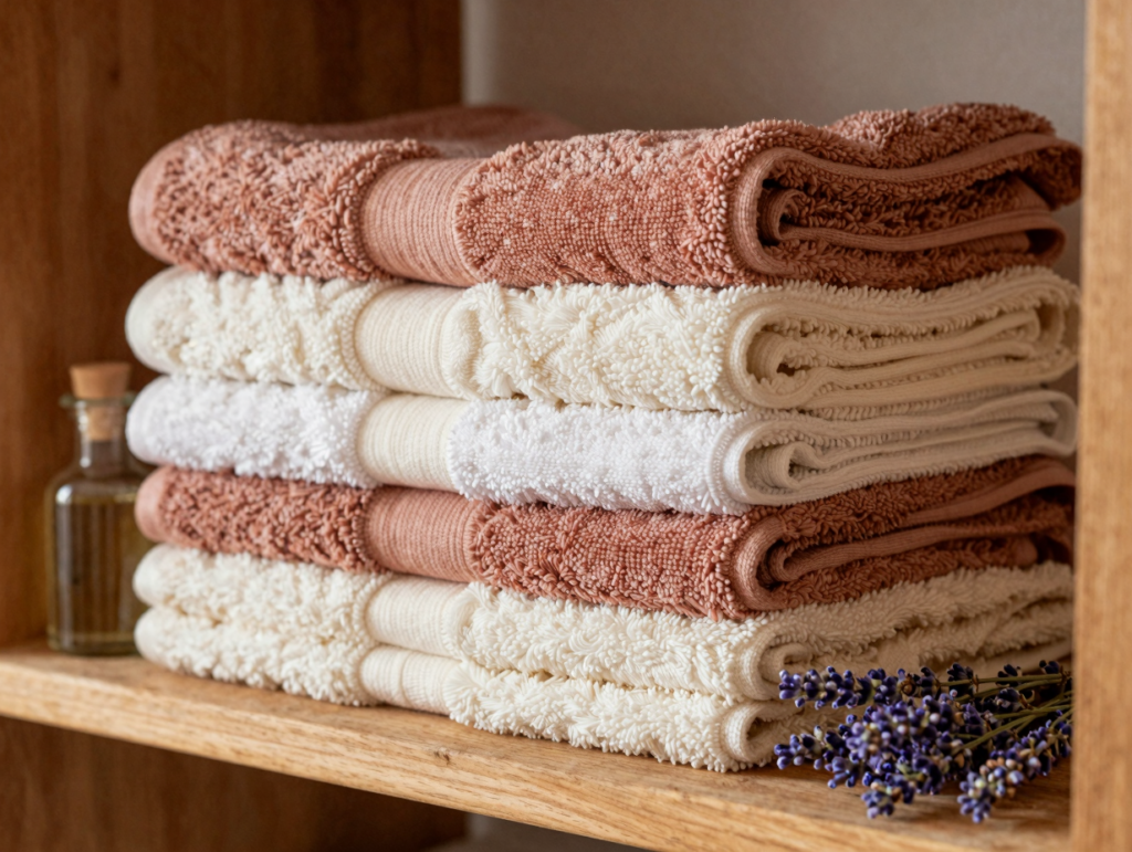 Pile de serviettes éponge souples et moelleuses, avec une petite bouteille de vinaigre et de la lavande