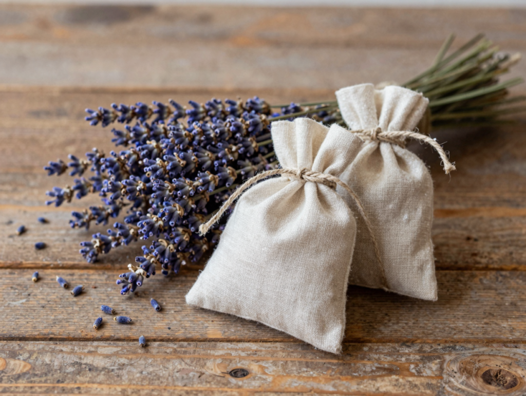 Bouquets de lavande séchée et petits sachets de lin noués de ficelle sur une table en bois