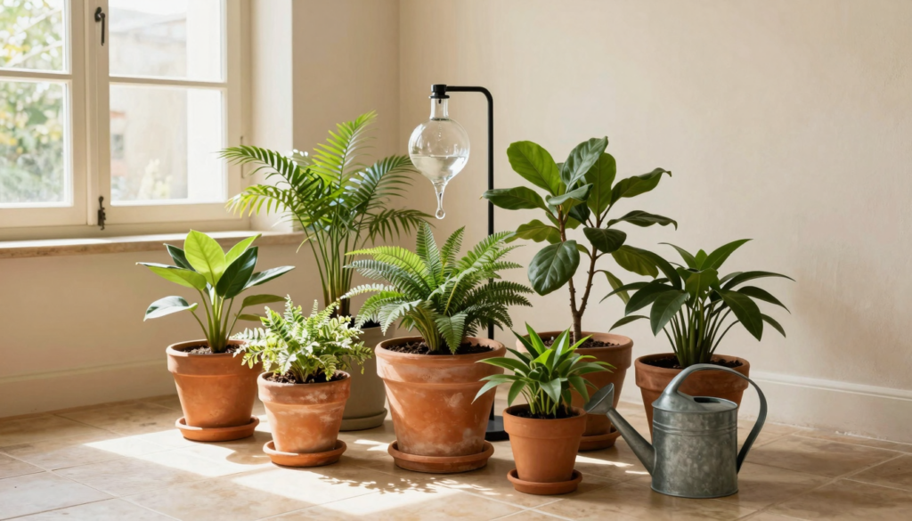 Plantes d'intérieur regroupées dans une pièce fraîche, avec une bouteille retournée plantée dans un grand pot en terre cuite