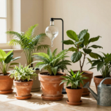 Plantes d'intérieur regroupées dans une pièce fraîche, avec une bouteille retournée plantée dans un grand pot en terre cuite