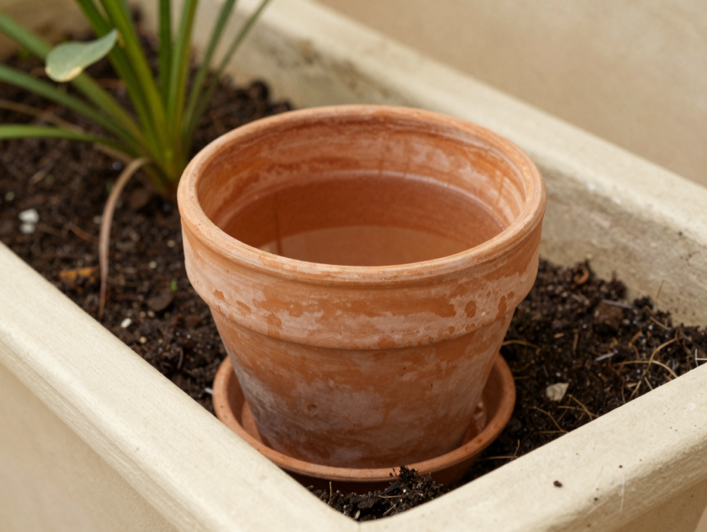 Oya maison en terre cuite enterré jusqu'au col dans une jardinière, couvert d'une soucoupe
