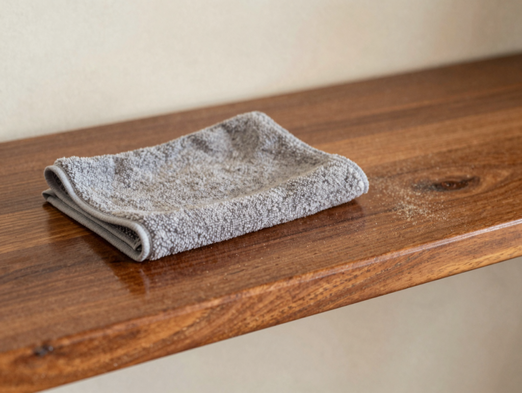 Chiffon microfibre humide posé sur une étagère en bois à moitié dépoussiérée