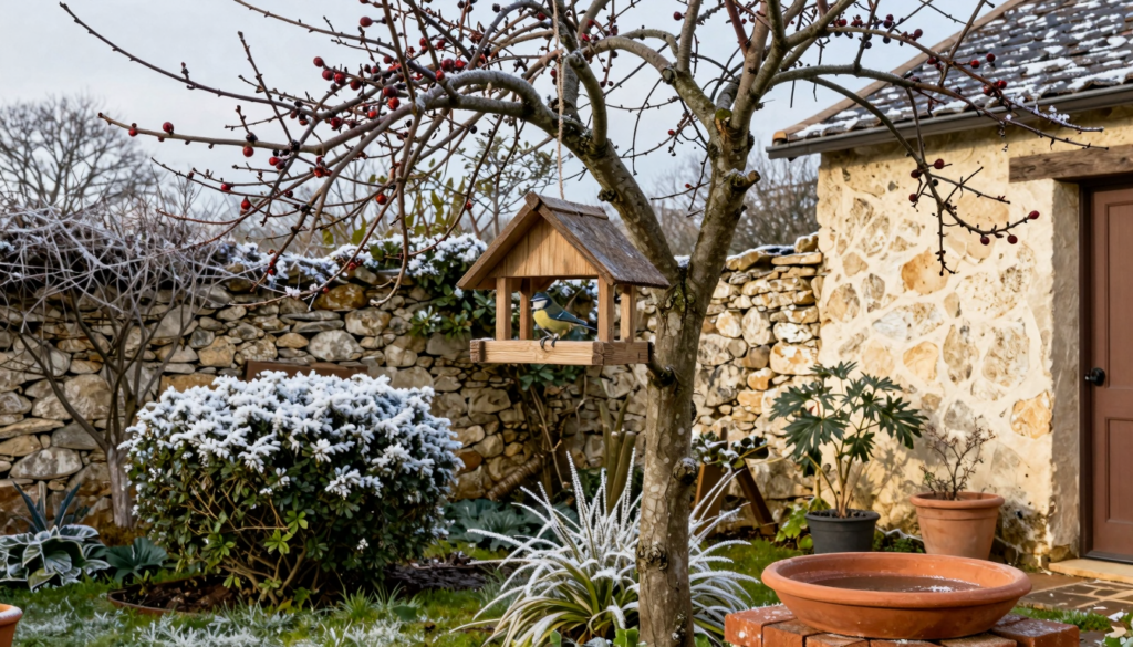 Mangeoire en bois suspendue à un arbre fruitier en hiver, mésanges bleues perchées, haie givrée et muret de pierre en arrière-plan