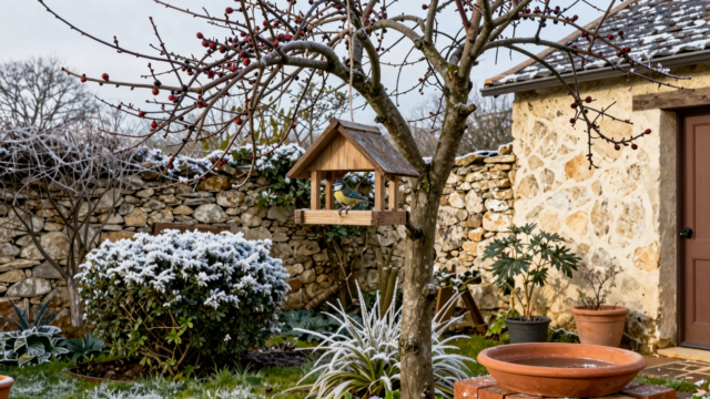 Mangeoire en bois suspendue à un arbre fruitier en hiver, mésanges bleues perchées, haie givrée et muret de pierre en arrière-plan
