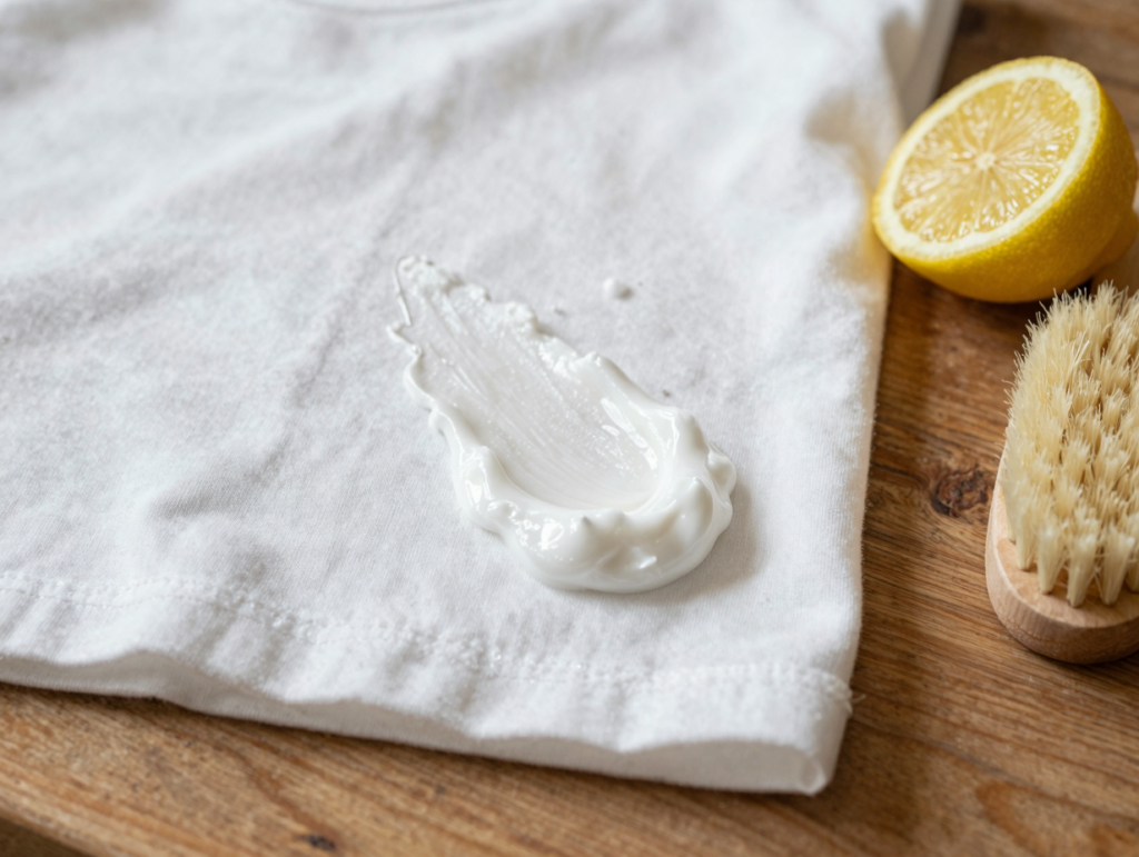Pâte de bicarbonate et de citron appliquée sur l'auréole d'une chemise blanche posée à plat