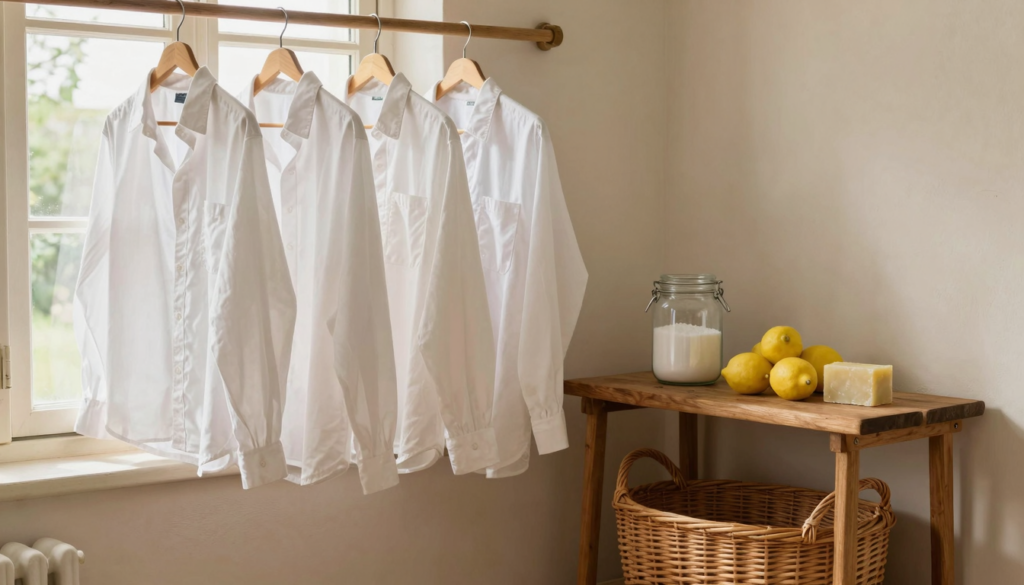 Chemises blanches suspendues près d'une fenêtre avec bicarbonate, citrons et savon de Marseille sur une étagère